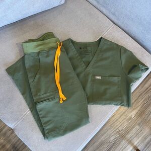 Figs Hunter Green Scrub Set with Bright Orange Accent